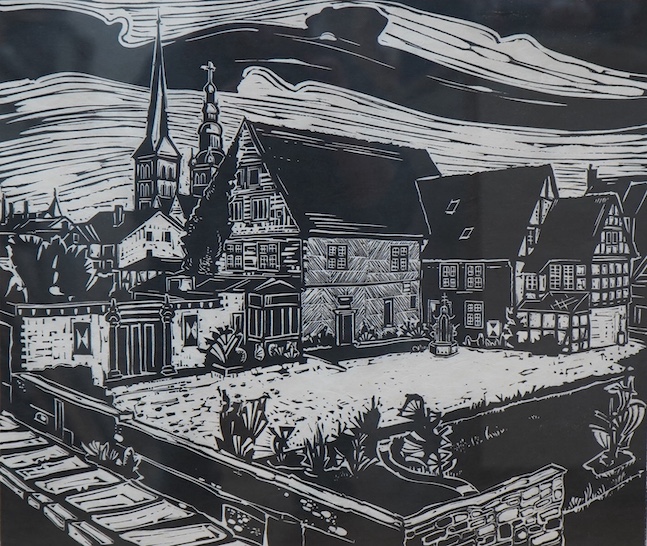 German School, woodblock print, Townscape, signed and dated '77, limited edition 14/20, 43 x 50cm. Condition - good